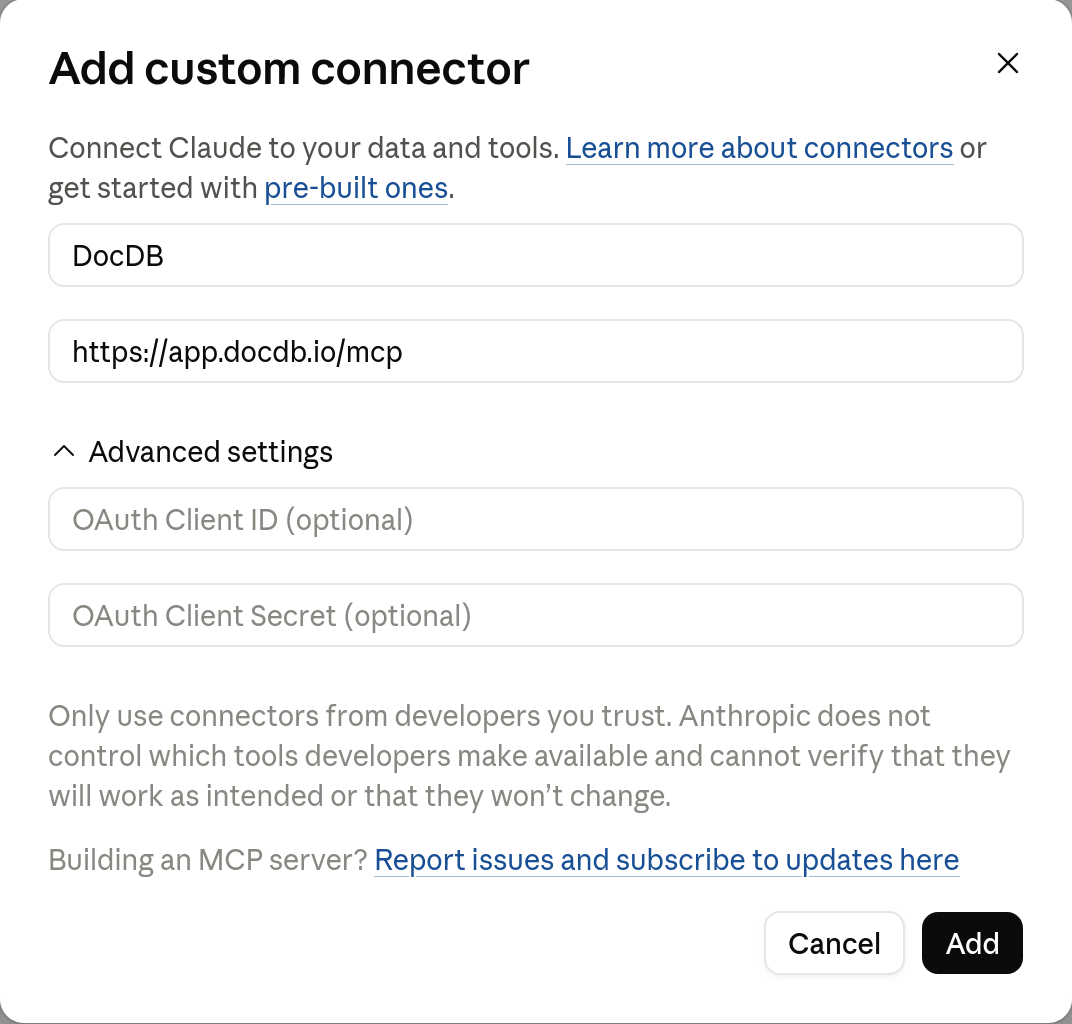 Claude's Add custom connector dialog with the DocDB name and MCP URL filled in