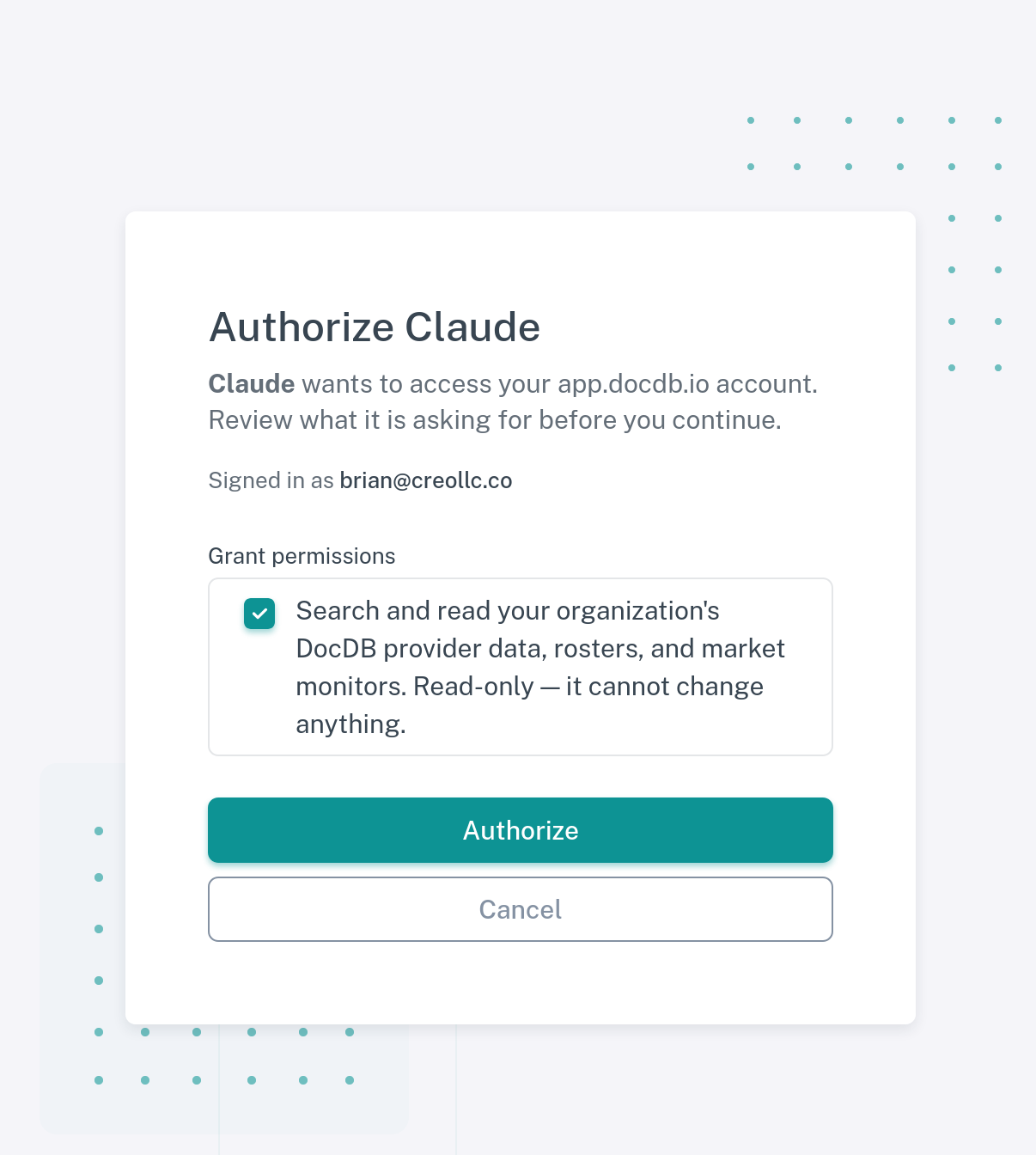 The DocDB authorization page showing the read-only permissions requested by Claude