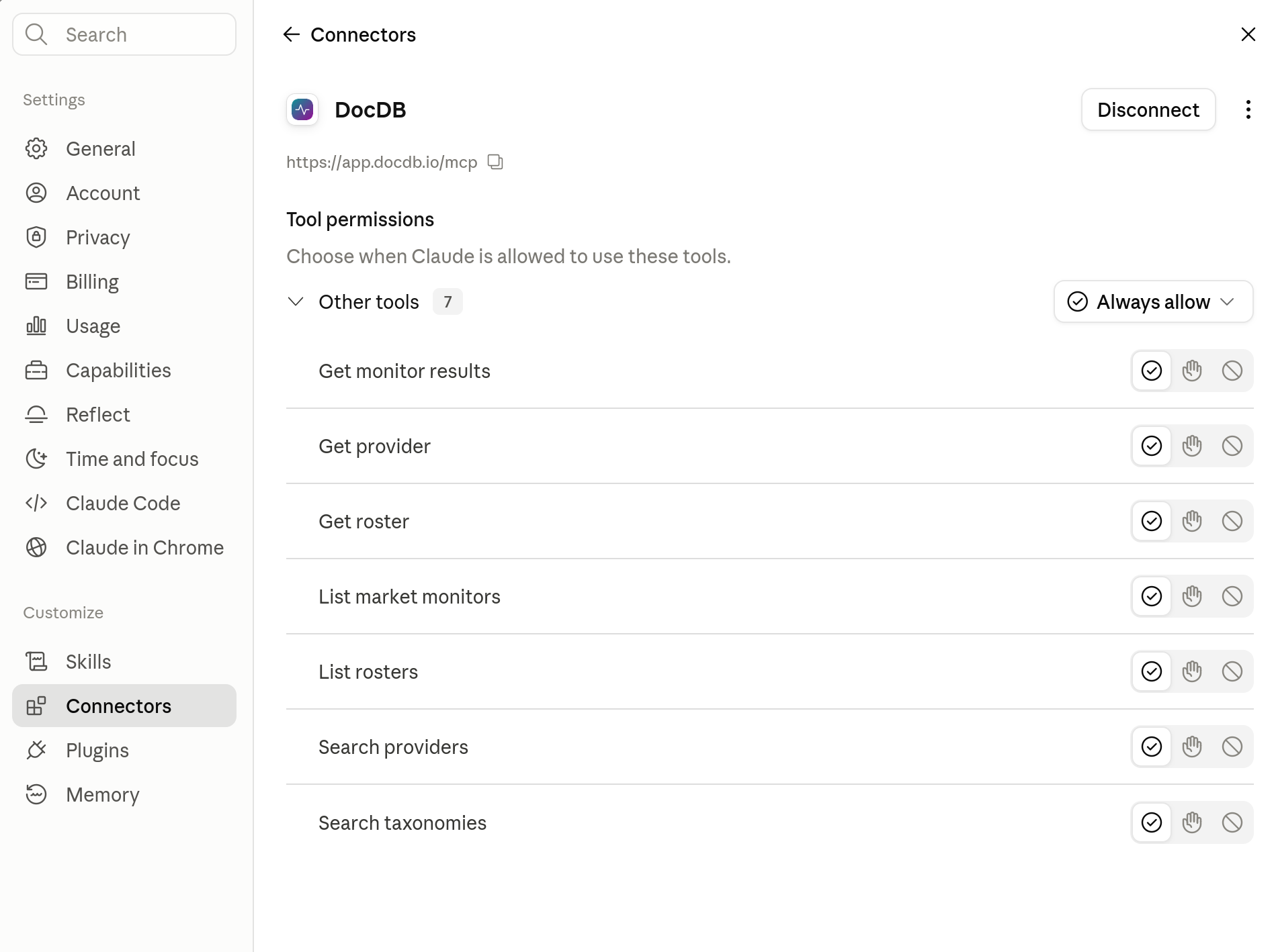 Claude's DocDB connector settings with tool permissions set to Always allow