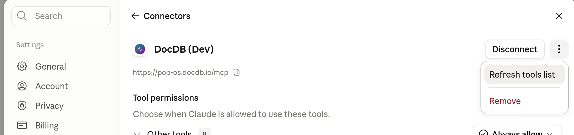The DocDB connector menu in Claude showing the Refresh tools list option