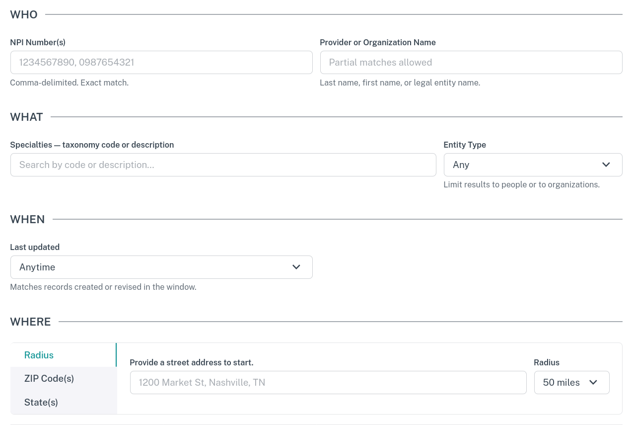 A screenshot of DocDB's search tool